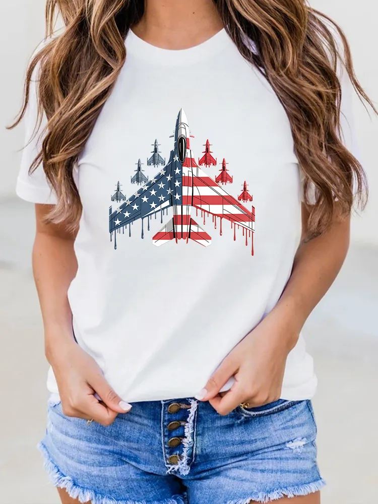 Woman'S Stars And Stripes Airplane Print Round-Neck Short-Sleeved T-Shirt