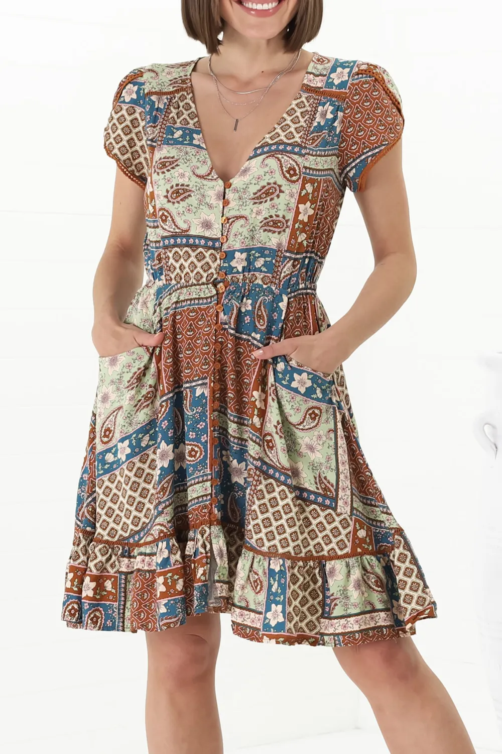 Colorful Patchwork Print V Neck Flared Dress