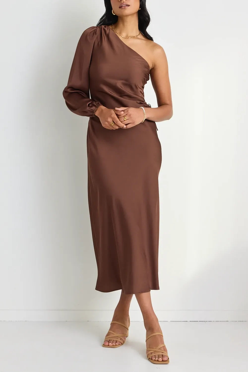 Chocolate Satin One Shoulder LS Midi Dress
