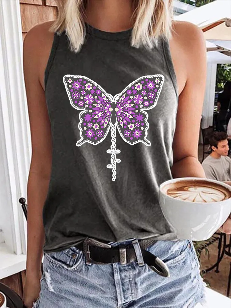 Women'S Round-Neck Sleeveless Vest With Butterfly Print Hope For A Cure