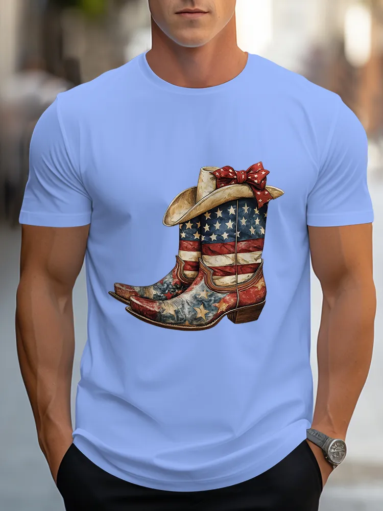 Man'S Star-Striped Western Boot Print Round-Neck Short-Sleeved T-Shirt