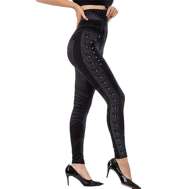 Women's Tights Leggings Jeggings Plain Tummy Control Butt Lift Ankle-Length Casual Weekend Faux Denim Fashion Skinny Black Blue High Waist High Elasticity