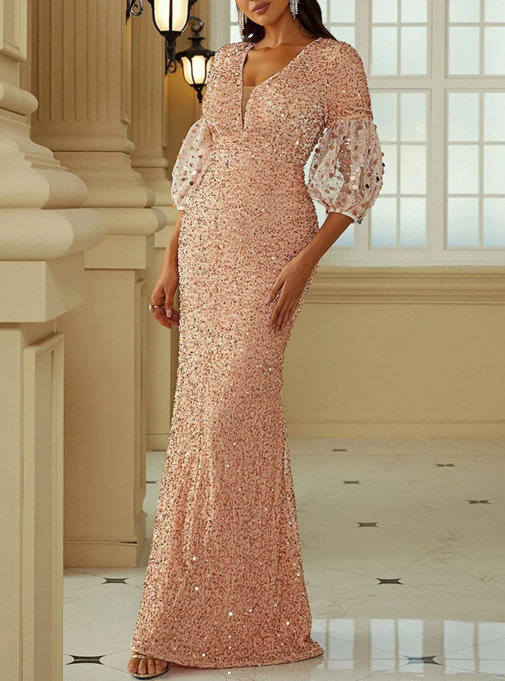 Lantern Sleeve Sequin Prom Dress