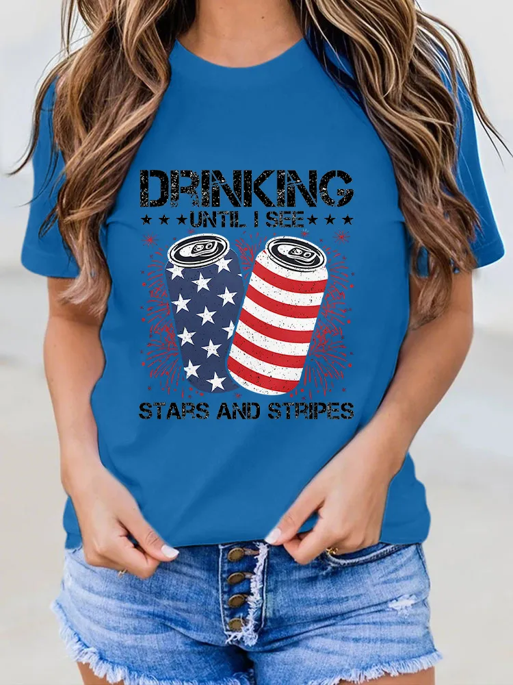 Woman'S Drinking Until I See Stars And Stripes Round-Neck Short-Sleeved T-Shirt