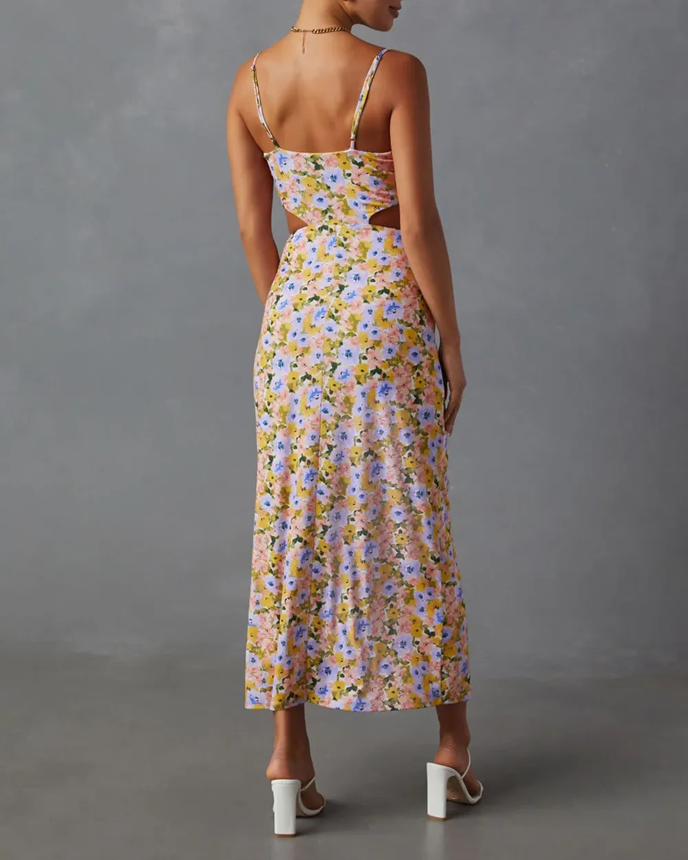 Sleeveless Side Cutout Floral Print Midi Dress