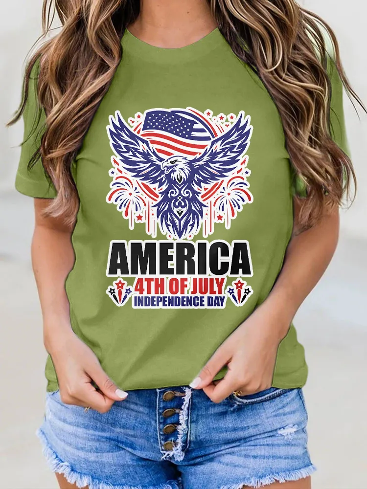 Woman'S America 4Th Of July Independence Day Round-Neck Short-Sleeved T-Shirt