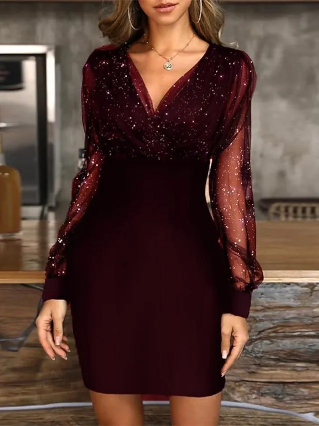 Women‘s Little Black Dress Sexy Dress Party Dress Homecoming Dress Sheath Dress Mini Dress Wine Purple Long Sleeve Mesh Dress Spring Fall Winter V Neck Fashion Party Wedding Guest