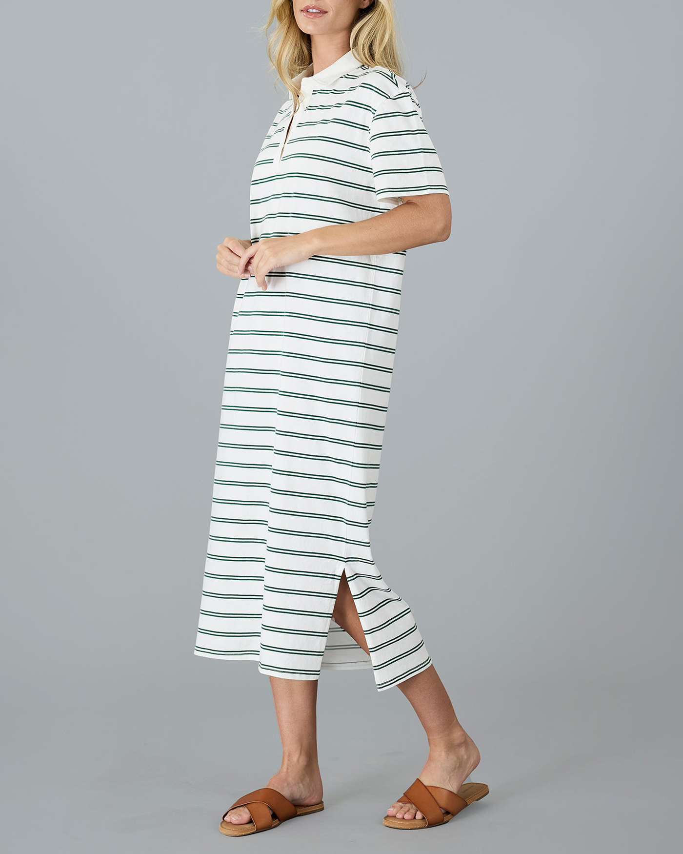 Green Polo Stripe Puff Sleeves Dress