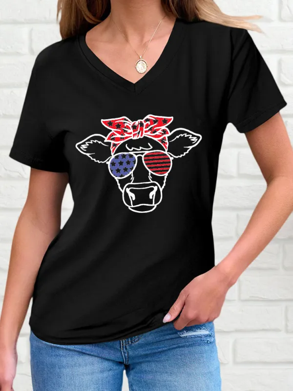 Woman'S Bull Head Print V-Neck And Short Sleeves T-Shirt