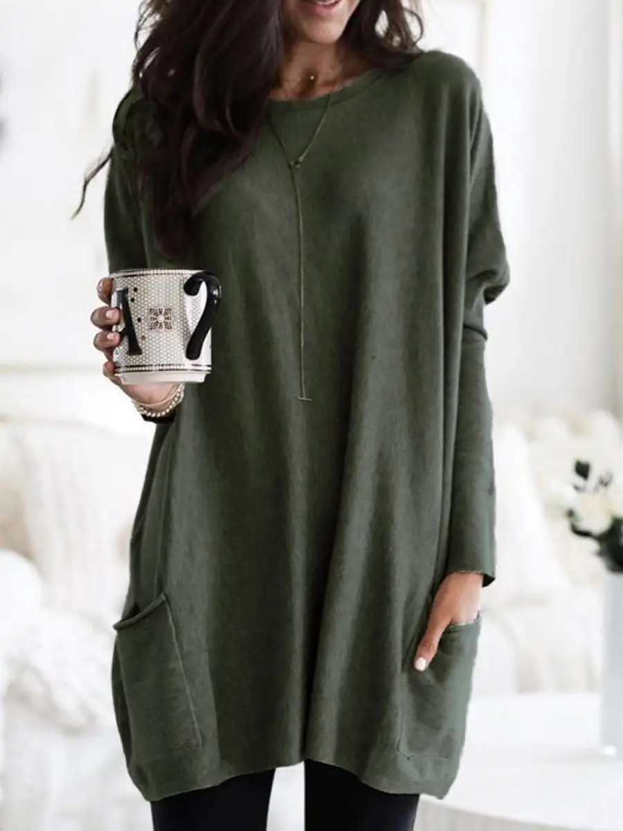 Casual Pocket Long Sleeve Round Neck T-Shirt