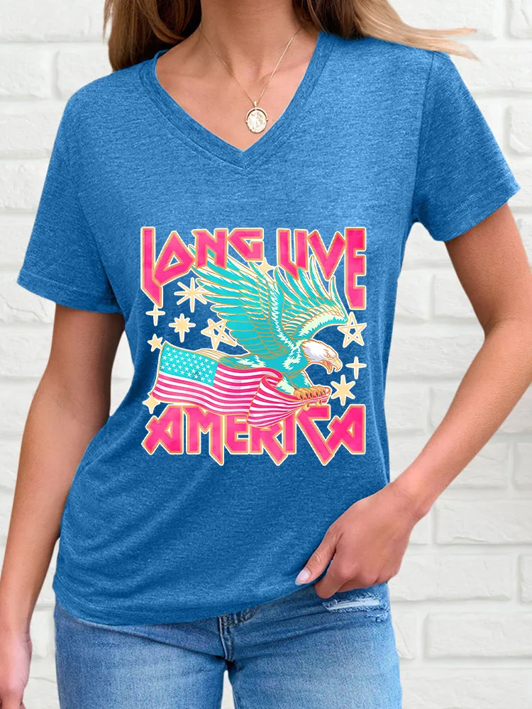 Woman'S America V-Neck And Short Sleeves T-Shirt