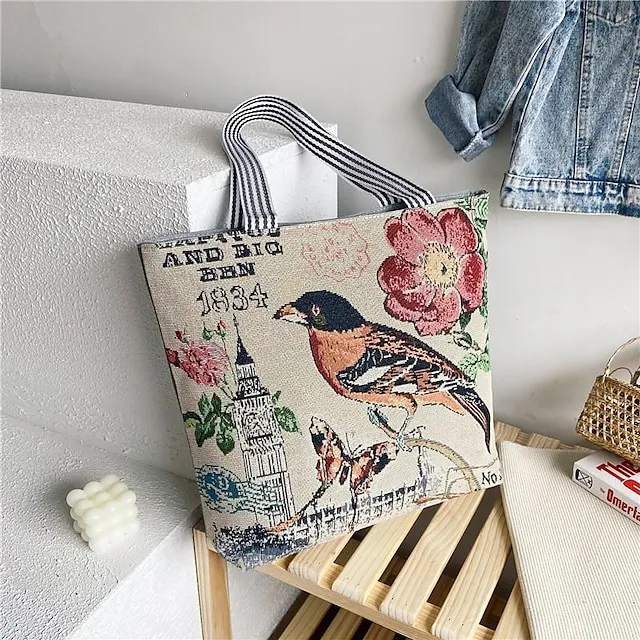 Women's Tote Shoulder Bag Canvas Tote Bag Oxford Cloth Shopping Daily Zipper Print Large Capacity Lightweight Durable Cat Flower Folk Butterfly Unicorn Black cat