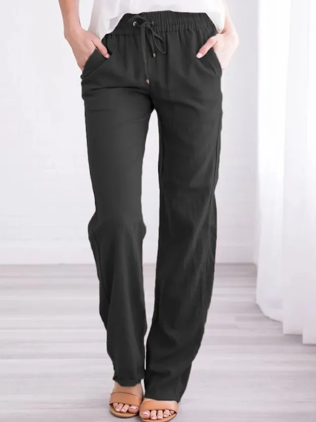 Women‘s Chinos Pants Trousers Baggy Full Length Pocket Cotton Linen Mid Waist Classic Casual Office Work Black Red S M Summer Spring &  Fall