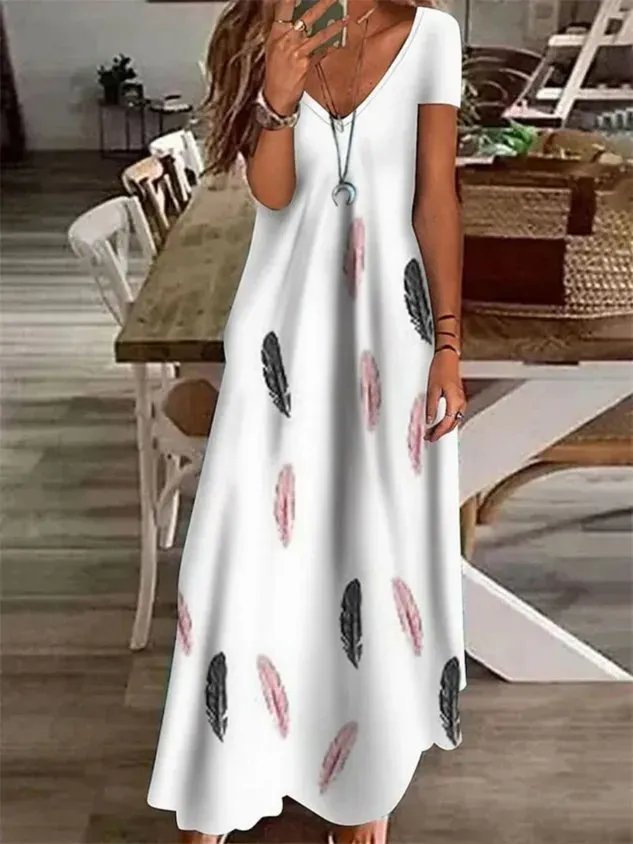 Women Butterfly V Neck Short Sleeve Comfy Casual Maxi Dress