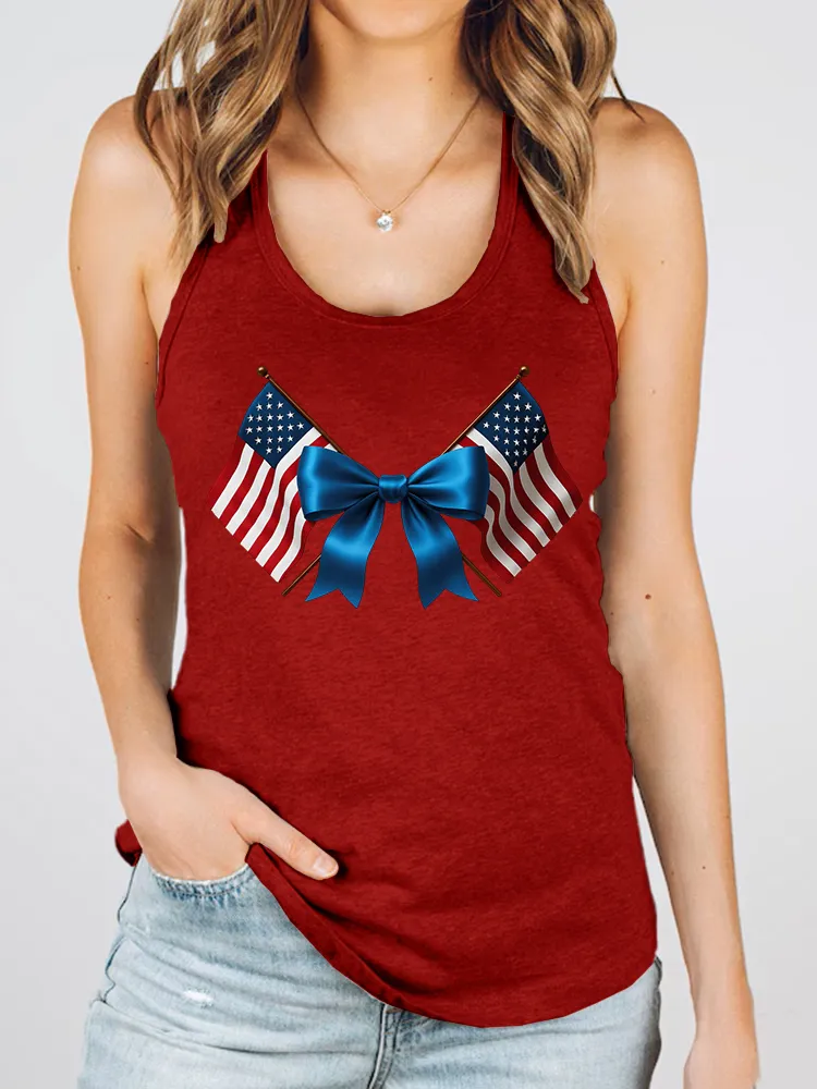 Women'S Stars And Stripes Bow Print Round-Necked Sleeveless Vest
