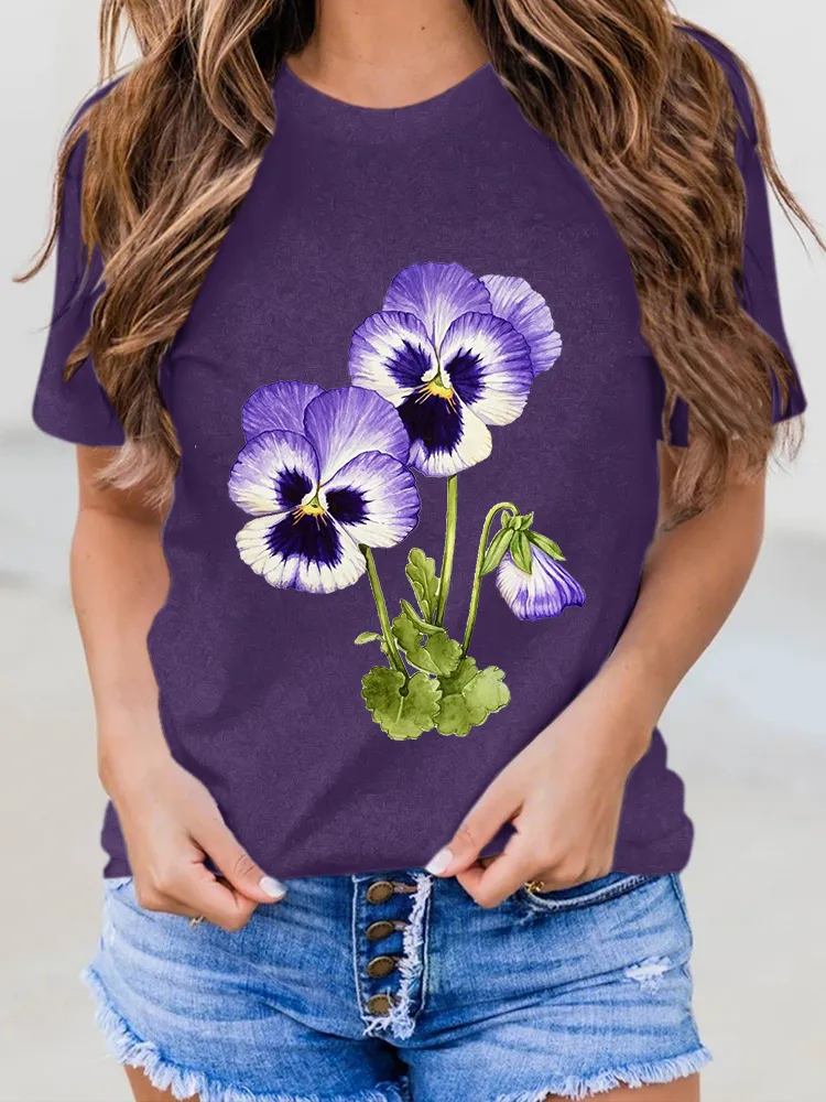 Women'S Floral Printed Alzheimer'S Awareness Short-Sleeved T-Shirt