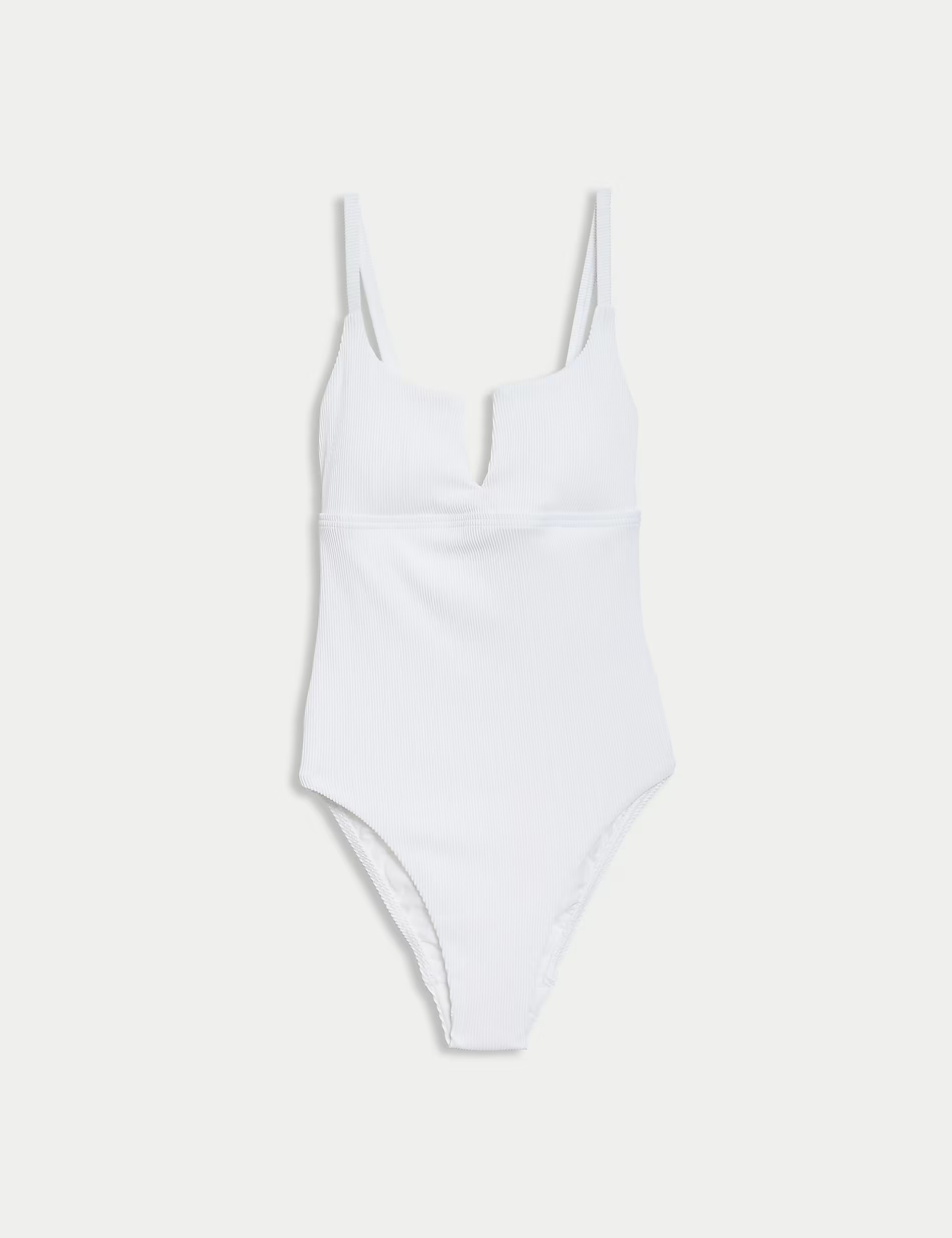 White Tummy Control Ribbed Padded V-Neck Swimsuit