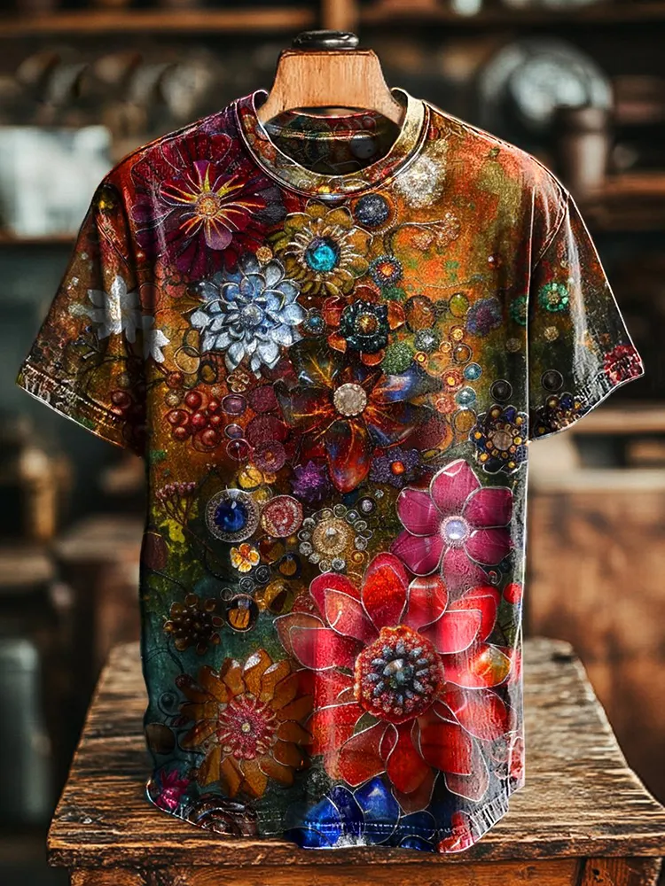 Unisex Retro Multicolor Floral Print Casual Loose Short Sleeve T-Shirt