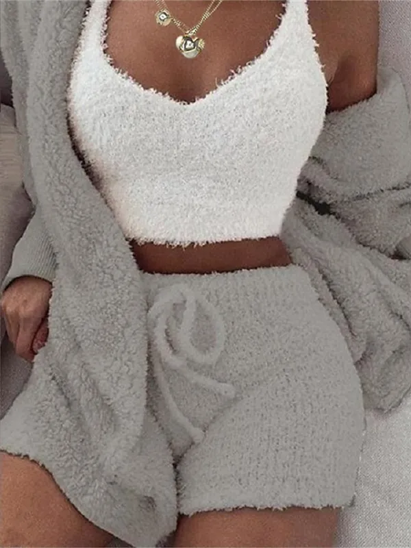 Women's Fleece Loungewear Sets 3 Pieces Fluffy Fuzzy Warm Pajama Pure Color Sport Plush Casual Home Daily Bed Cotton Blend Breathable V Wire Long Sleeve Shorts Elastic Waist Fall Winter Pink Purple