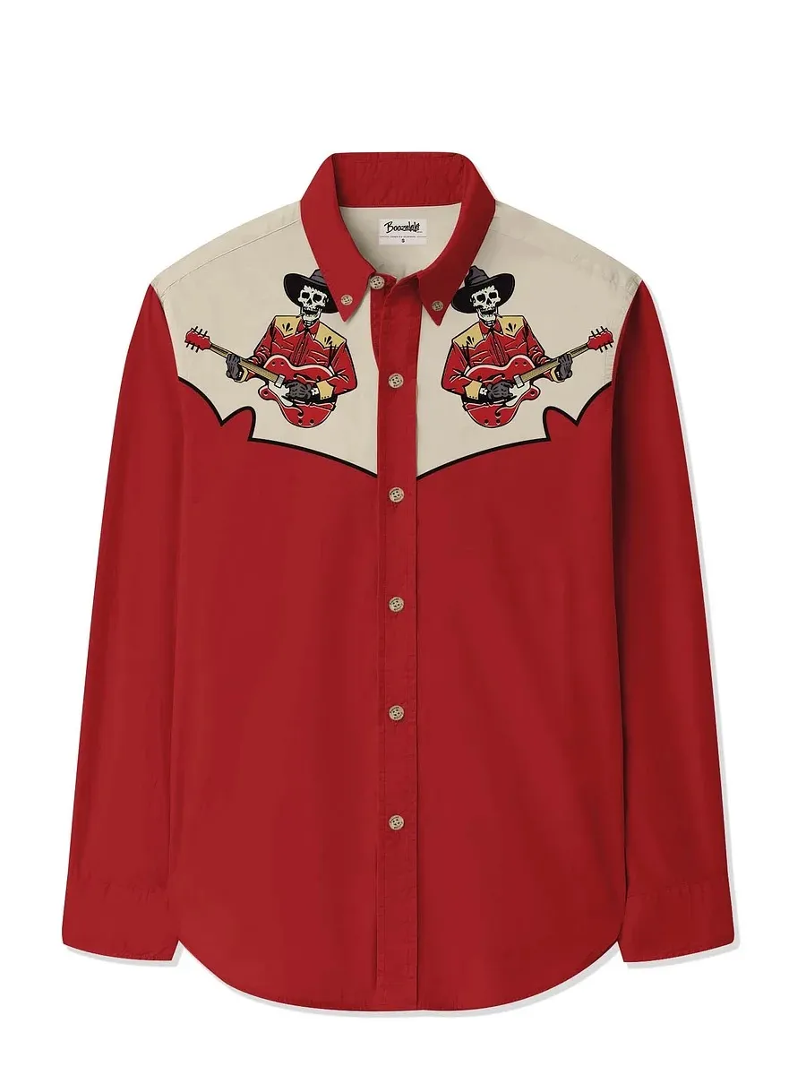 Men's Western Skeleton Cowboy Playing Guitar Long Sleeves Shirt