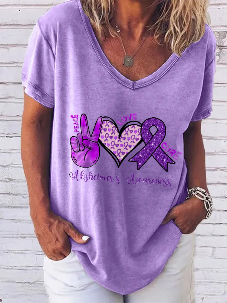 Women'S V-Neck Short-Sleeved T-Shirt Peace Love Cure Alzheimer'S Awareness Prints
