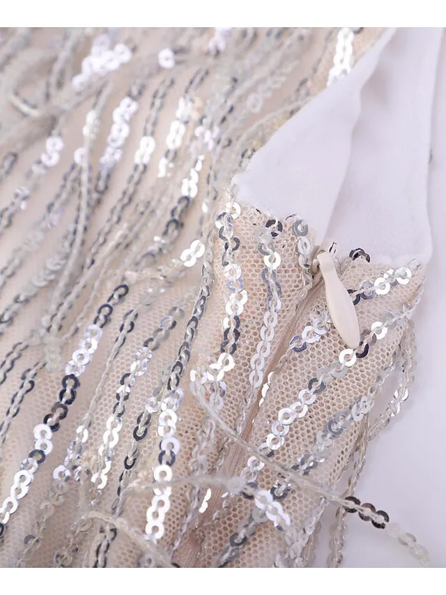 Women's Silver Sequin Dress Fringe Dress Party Dress Sparkly Dress Mini Dress Silver Sleeveless Spring V Neck Stylish Wedding Guest