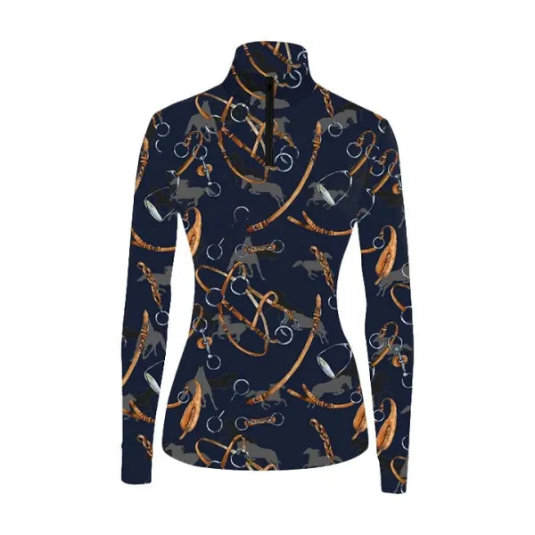 Horseshoes Women's Equestrian Style Harness Print Long Sleeve Casual Shirt