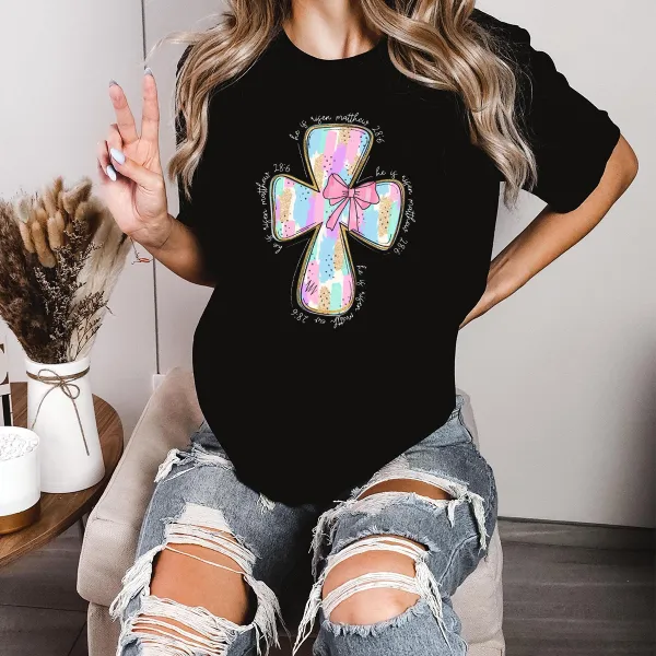 Colorful Cross Pattern With Pink Bow T-Shirt