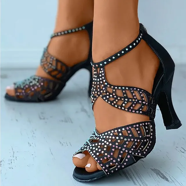 Women's Heels Sandals Plus Size Sparkly Sandals Party Outdoor Daily Summer Spring Rhinestone High Heel Peep Toe Elegant Sexy Classic Satin Zipper Solid Color Solid Colored Black
