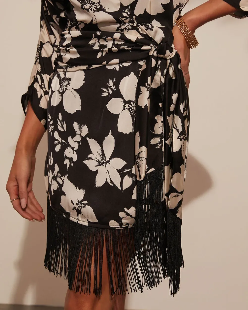 Long Sleeve Fringe Printed Mini Dress