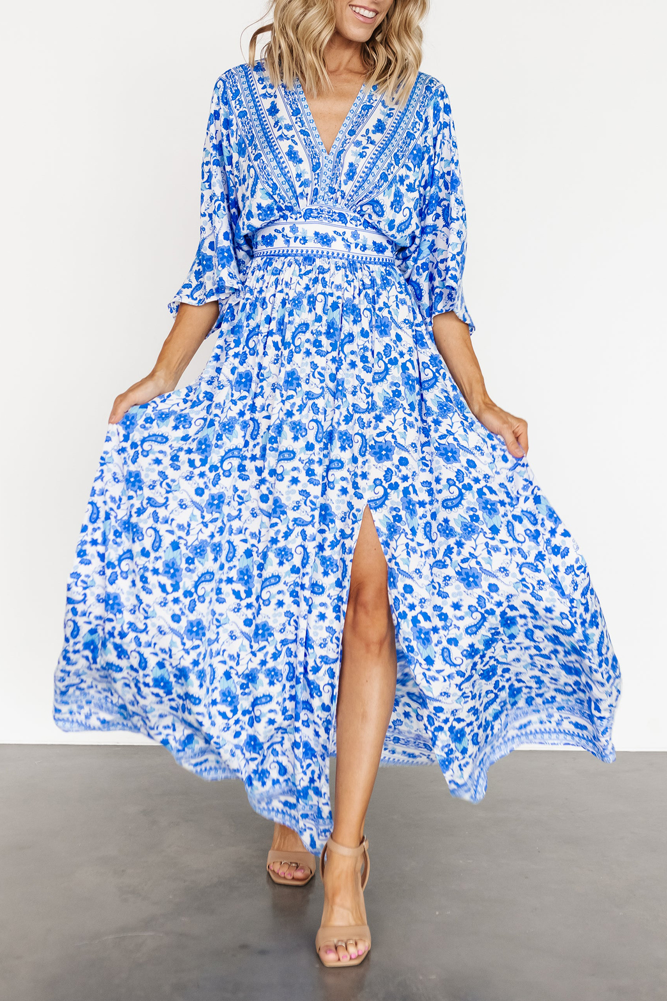 Blue Floral Slit High-Waisted  Dress