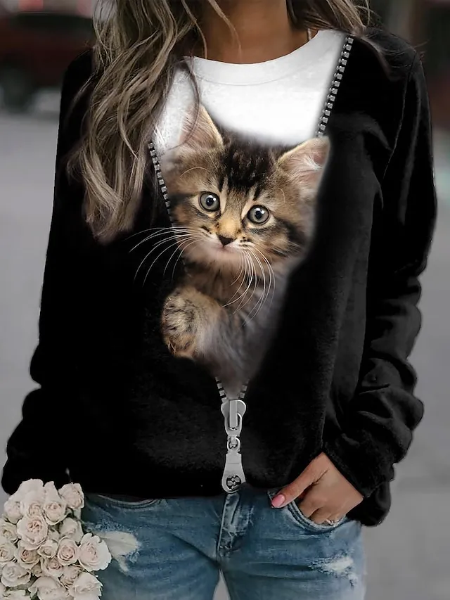 Women's Sweatshirt Pullover Sports Basic Black Cat Street Casual Round Neck Plus Size Long Sleeve Top Micro-elastic Fall & Winter