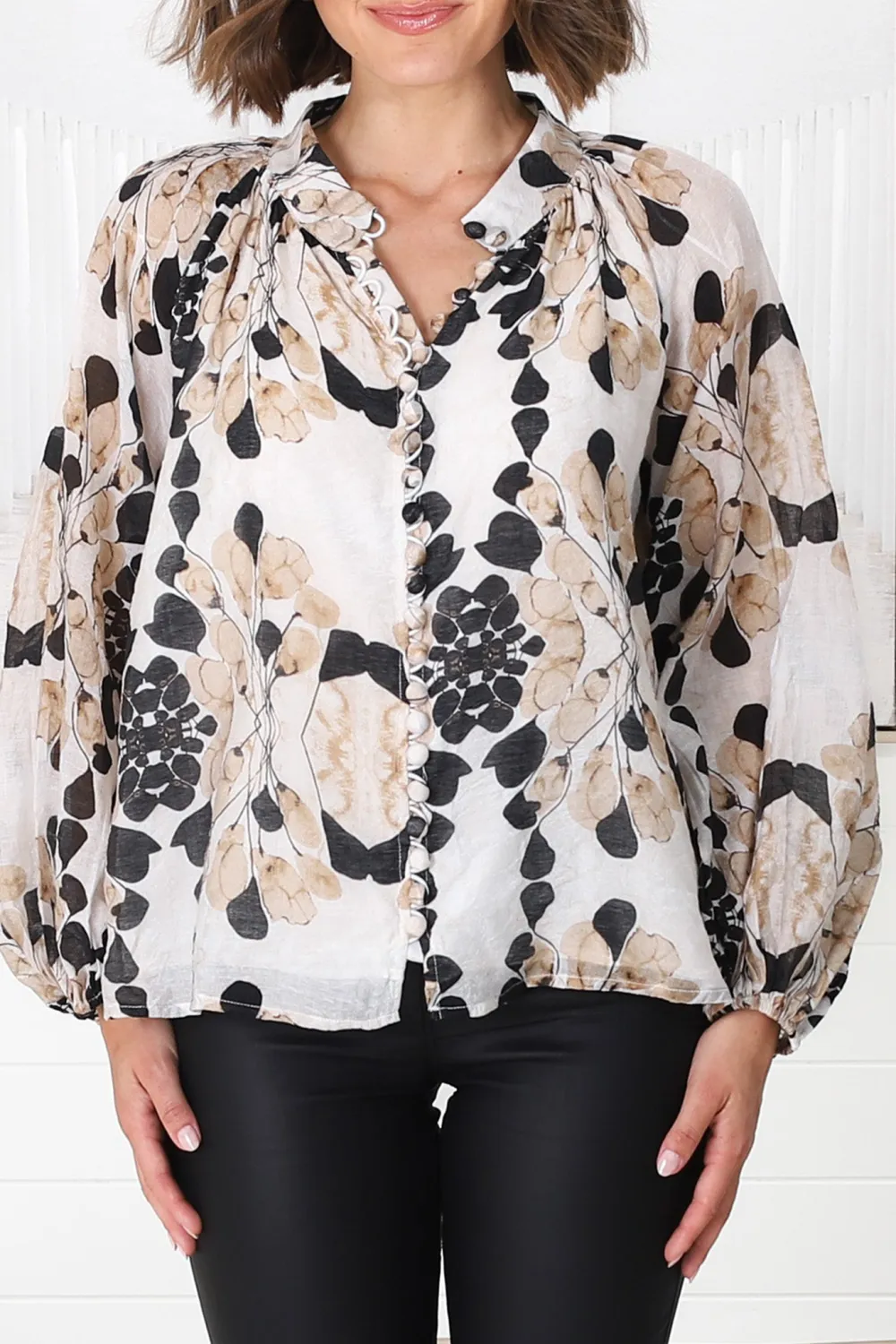 Beige Floral Print Puff Sleeve Blouse