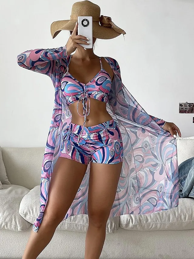 Women's Swimwear Bikini Normal Swimsuit 3-Piece Printing Graphic Black Yellow Blue Purple Orange Bathing Suits Sports Beach Wear Push Up