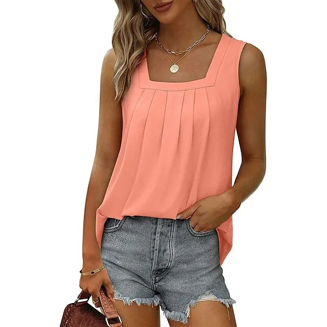 Tank Women's Wine Red Black White Solid / Plain Color Pleated Daily Basic Square Neck S