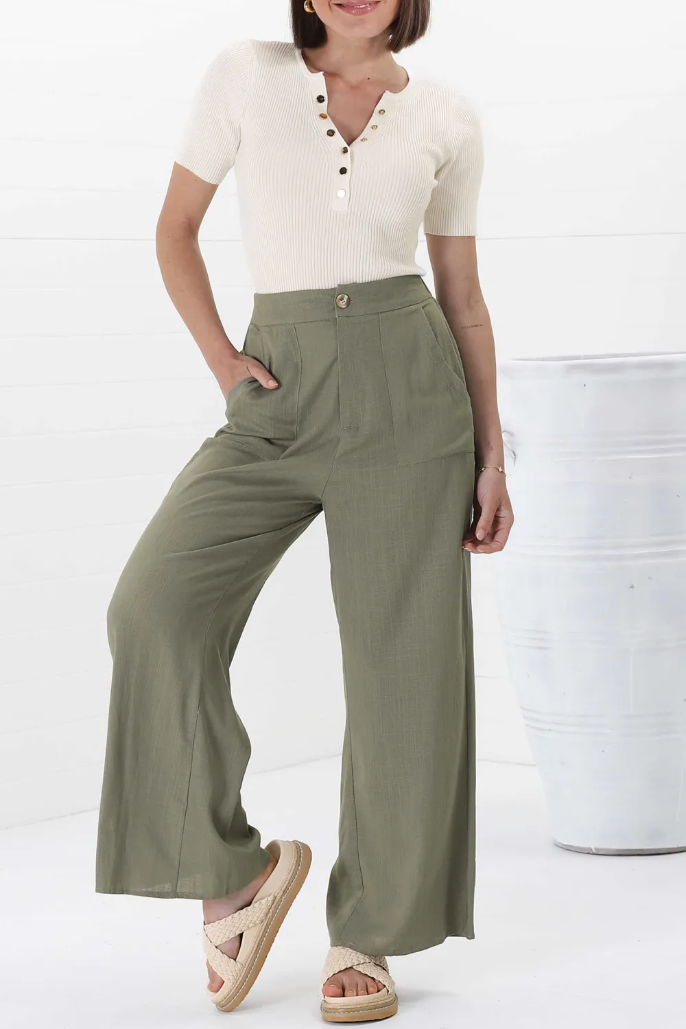 Olive Green High Waist Wide Leg Trousers