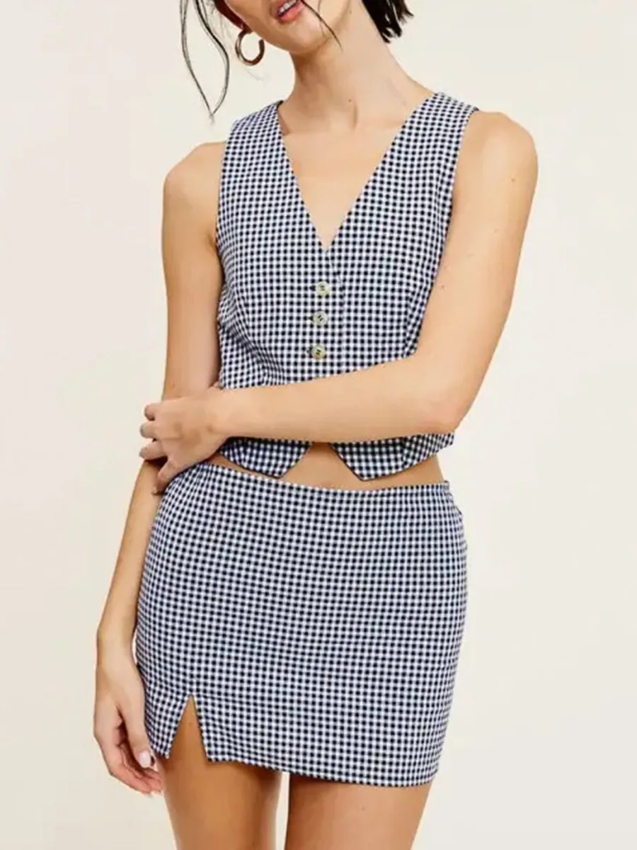 Black And White Plaid Button Vest