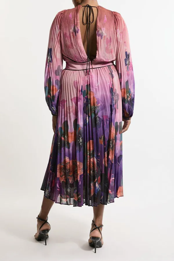 Plus Size Floral Soft Pleated Long Sleeve Maxi Dress