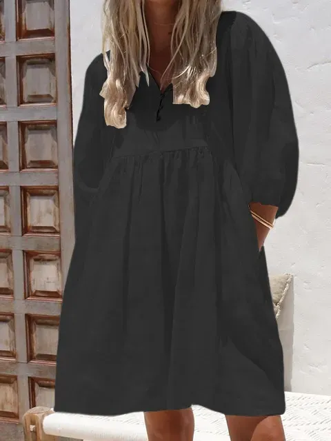 Women Plain V Neck Three Quarter Sleeve Comfy Casual Short Dress