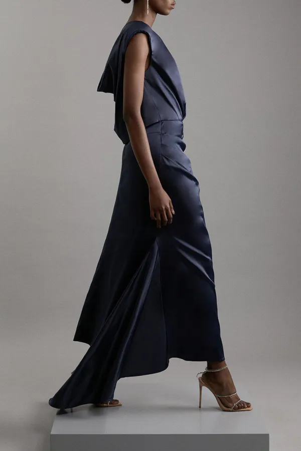 High Neck Sleeveless Satin Drape Woven Midaxi Dress