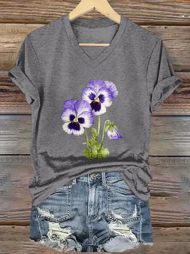 Women'S Floral Printed Alzheimer'S Awareness Short-Sleeved T-Shirt