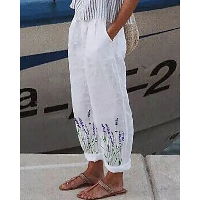 Women's Wide Leg Pants Trousers Baggy Ankle-Length Faux Linen Side Pockets Baggy Micro-elastic Mid Waist Fashion Designer Casual Weekend Gray Green White / Black S M