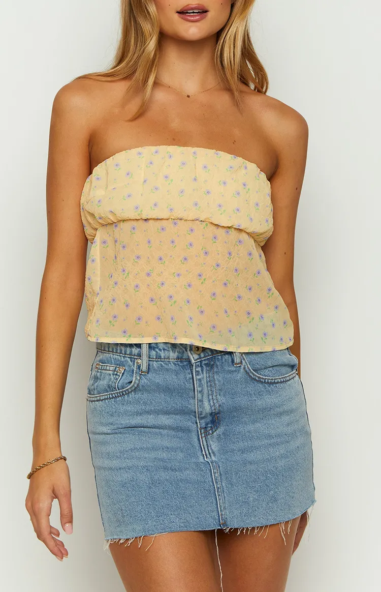 Yellow Floral Print Strapless Top