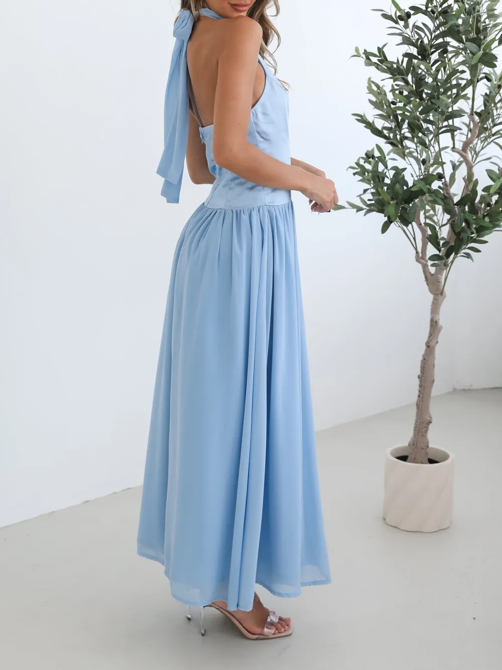 Blue Casual Style Halter Neckline Dress