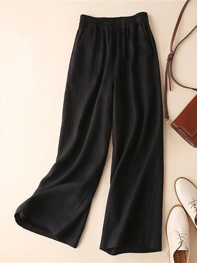 Women's Wide Leg Pants Casual Maillard Chinos Baggy Ankle-Length Cotton And Linen Pocket Micro-elastic High Waist Fashion Streetwear Daily Wear Black White M L Summer  Fall