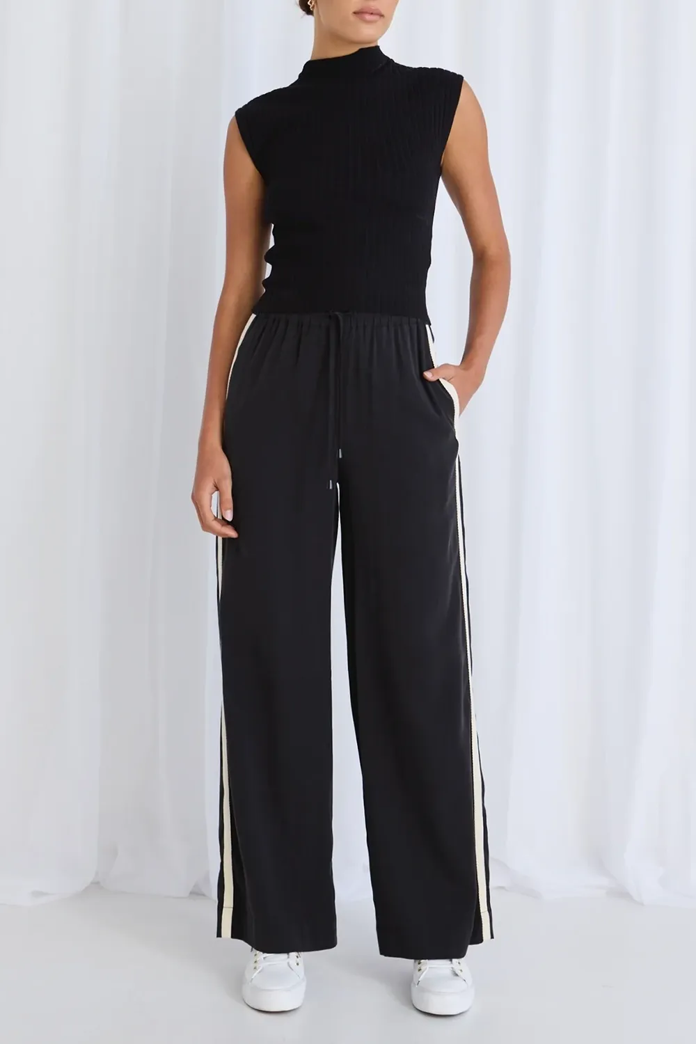 Elastic Waist Draw String Stripe Wide Leg Pants
