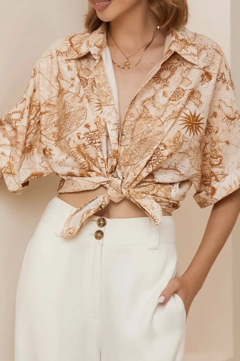 Light Brown Patterned Short Sleeve Shirt