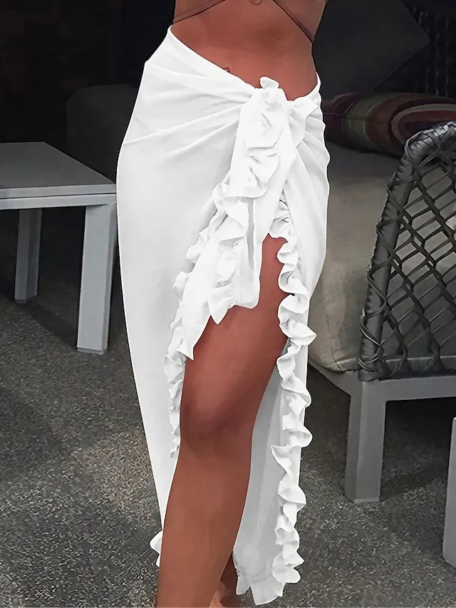 Women's Swimwear Cover Up Swim Shorts wrap Normal Swimsuit Ruffle Pure Color Black White Yellow Pink Red Bathing Suits New Vacation Fashion