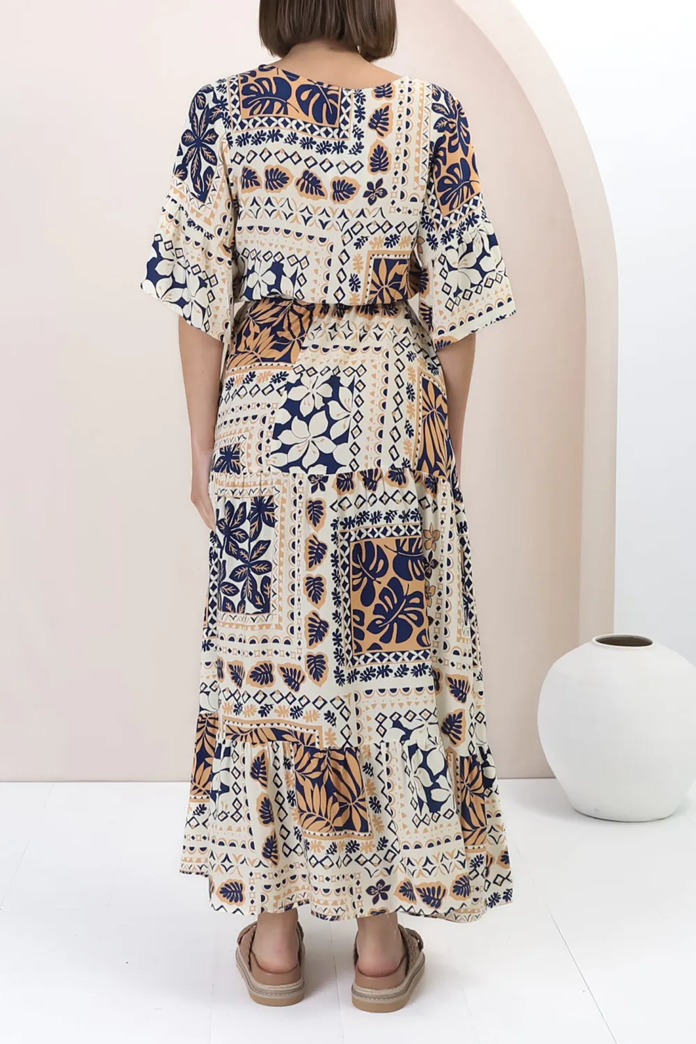 Ivory Patchwork Print Flutter Sleeve Maxi Dress