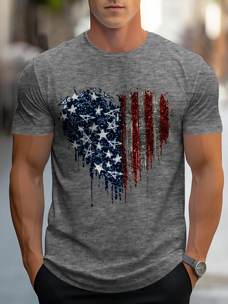 Man'S Star Stripe Heart Round-Neck Short-Sleeved T-Shirt